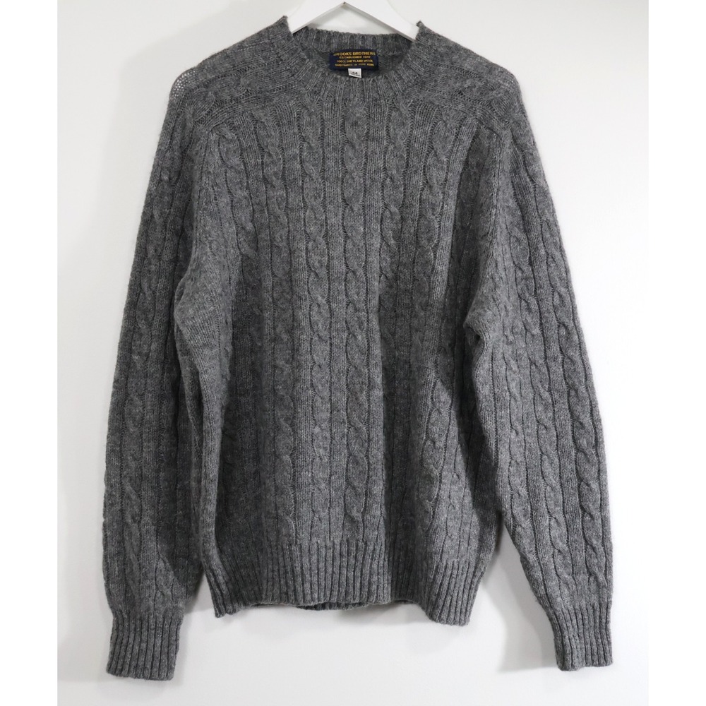 Vintage Brooks Brothers Grey Shetland Wool Cable Knit Sweater Mens 44 Handframed